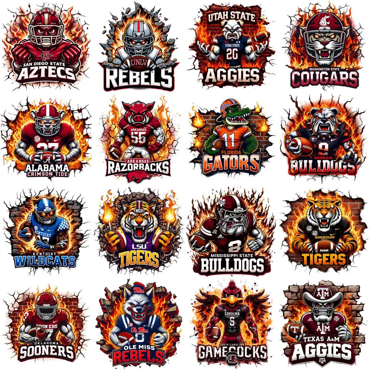 130 College Football NCAA Teams Mascots on Fire Designs Bundle PNG