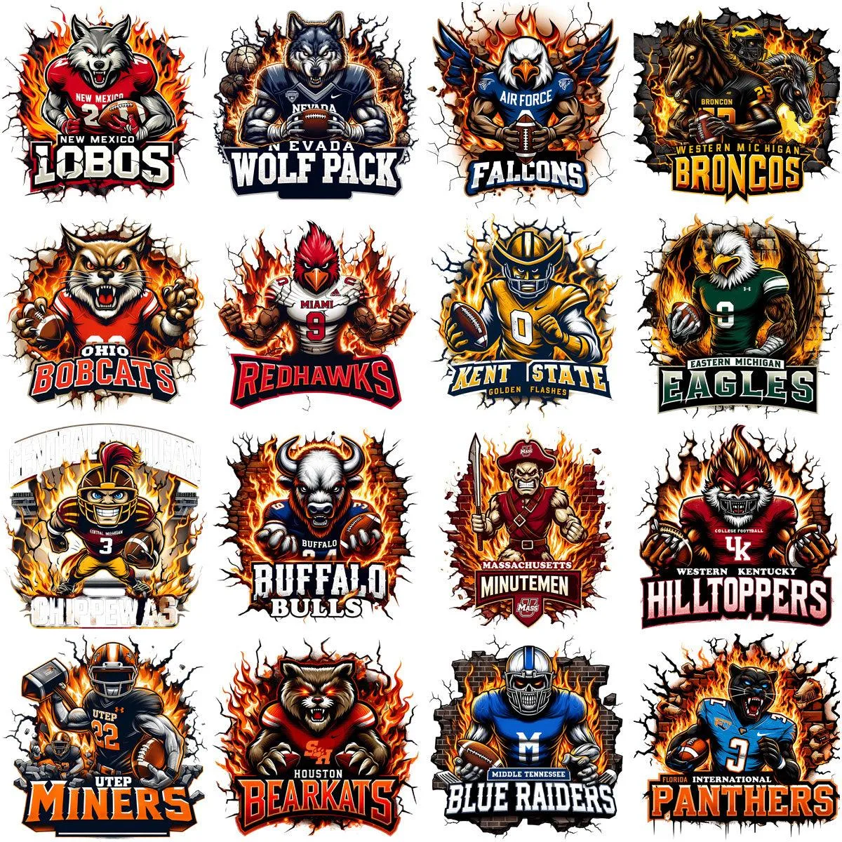 130 College Football NCAA Teams Mascots on Fire Designs Bundle PNG