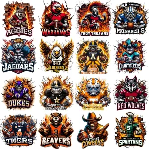 130 College Football NCAA Teams Mascots on Fire Designs Bundle PNG