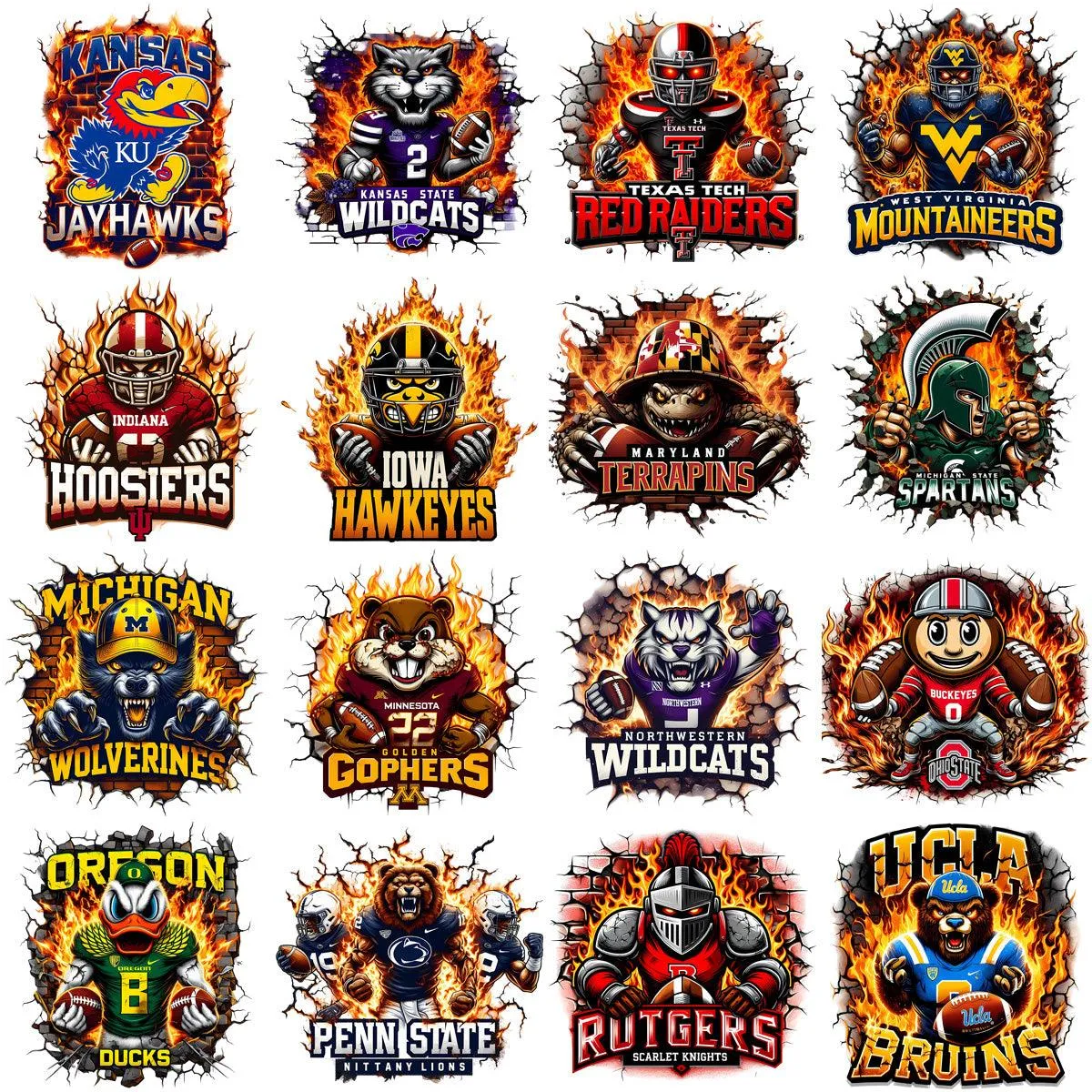 130 College Football NCAA Teams Mascots on Fire Designs Bundle PNG