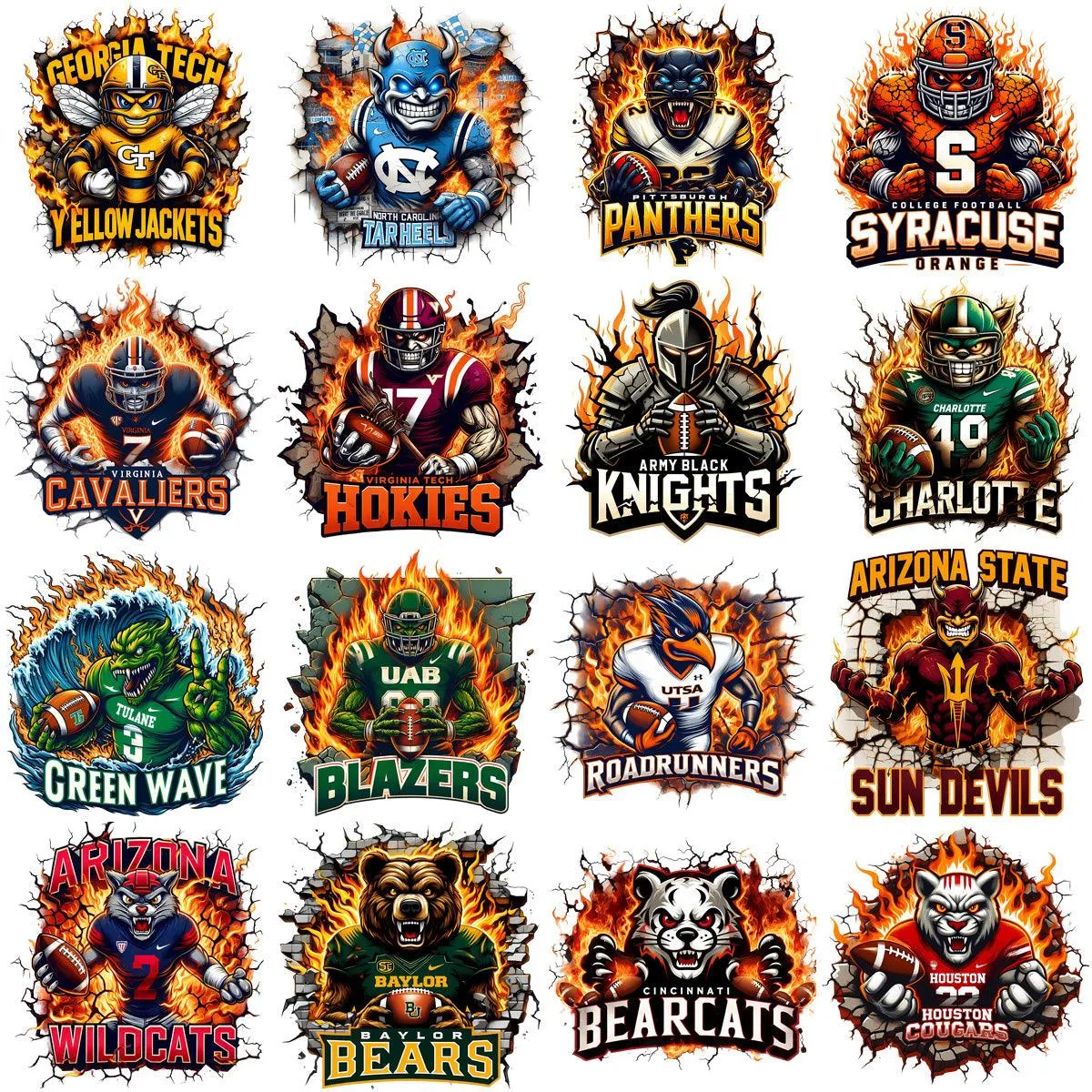 130 College Football NCAA Teams Mascots on Fire Designs Bundle PNG