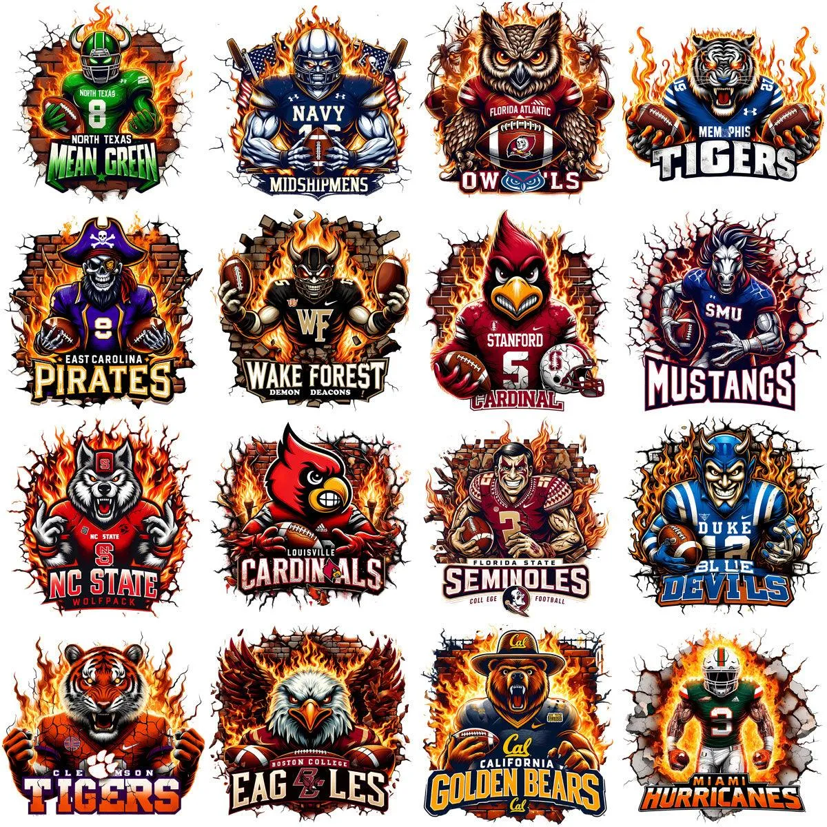 130 College Football NCAA Teams Mascots on Fire Designs Bundle PNG