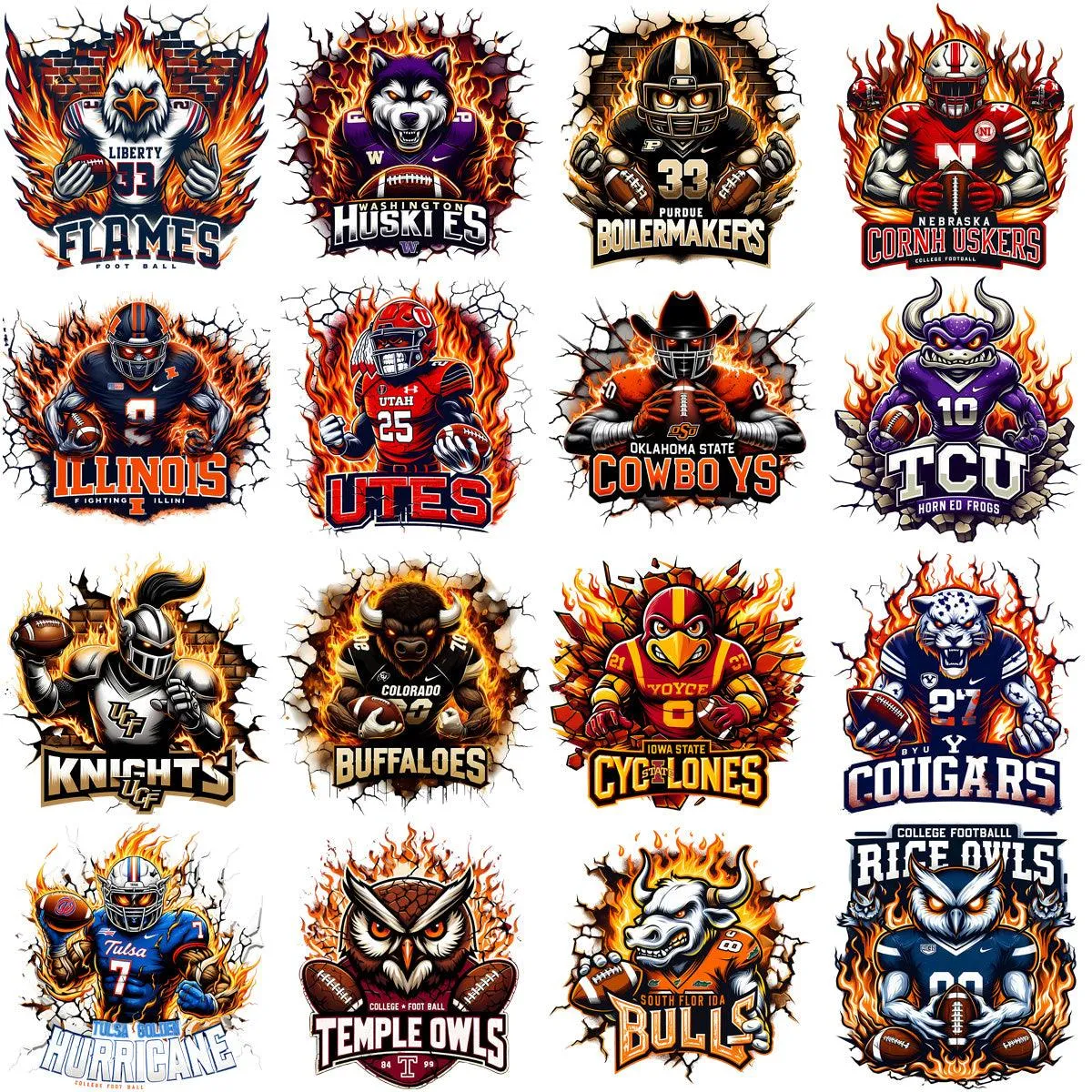 130 College Football NCAA Teams Mascots on Fire Designs Bundle PNG