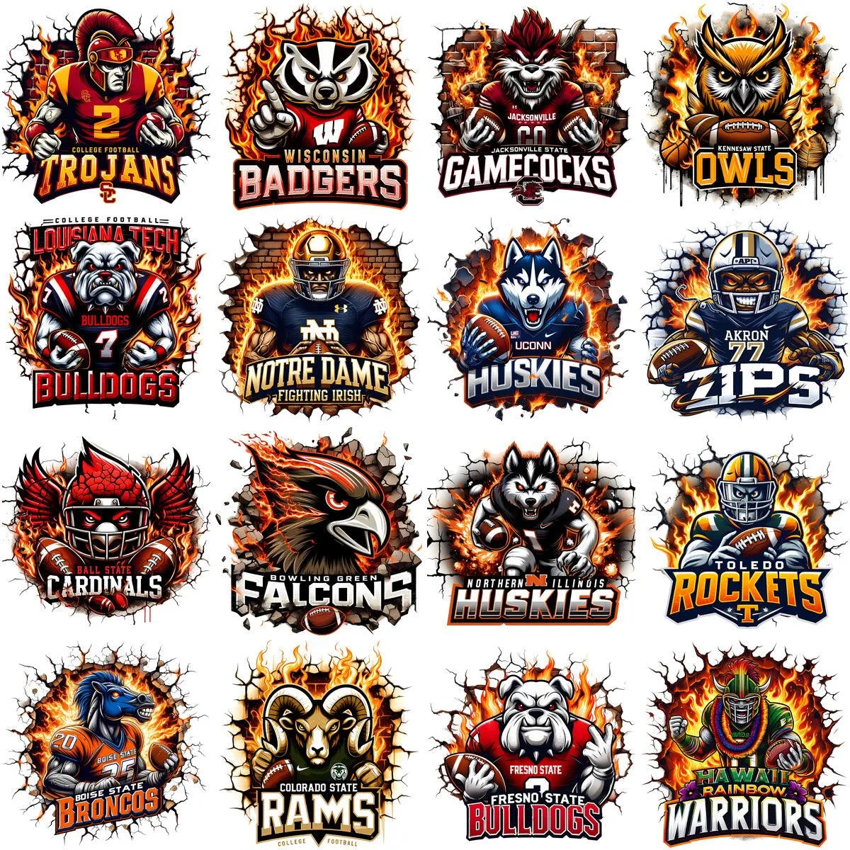 130 College Football NCAA Teams Mascots on Fire Designs Bundle PNG