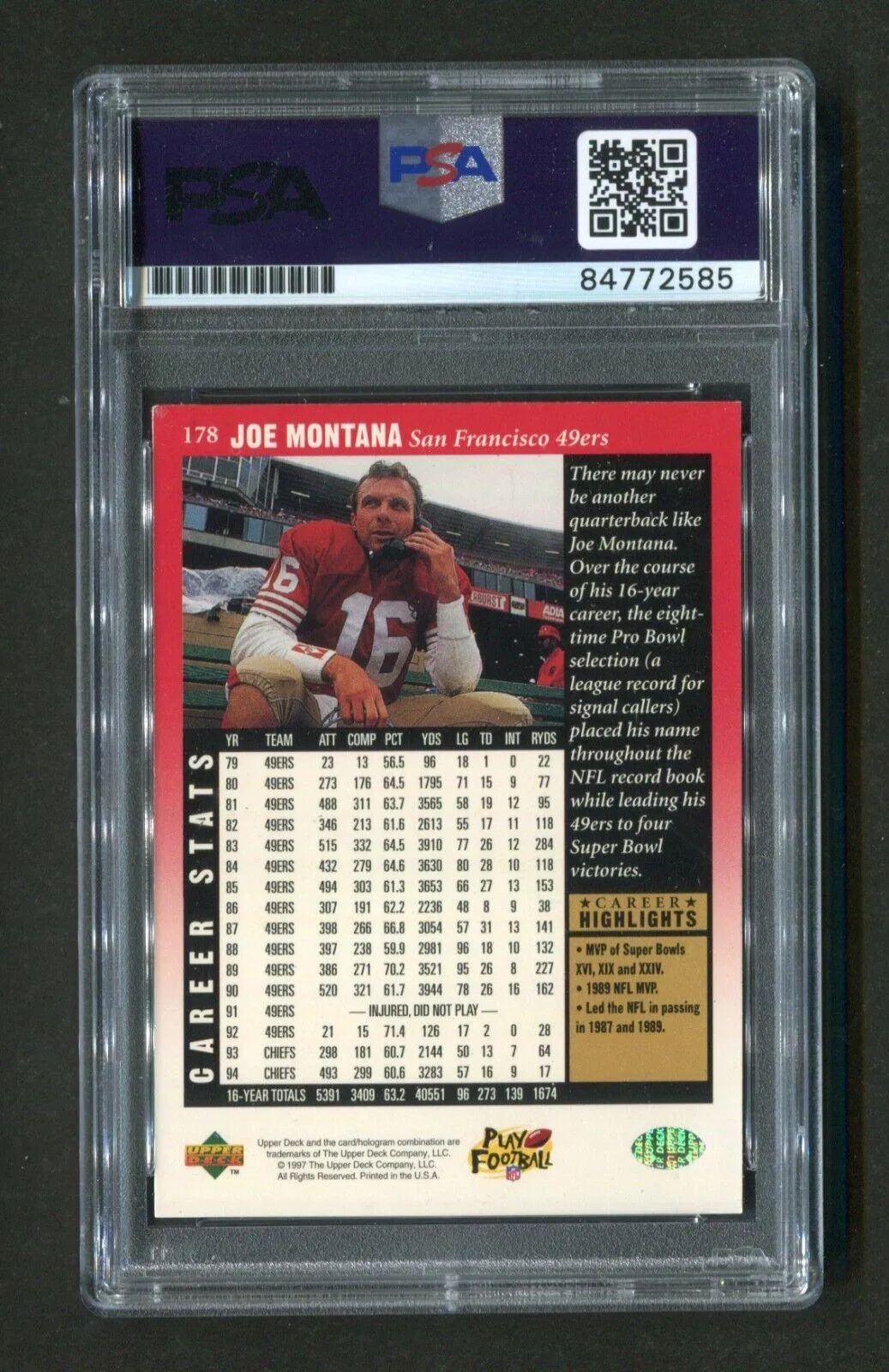 1997 Upper Deck Joe Montana #178 PSA/DNA GEM MINT 10 Signed Football Card