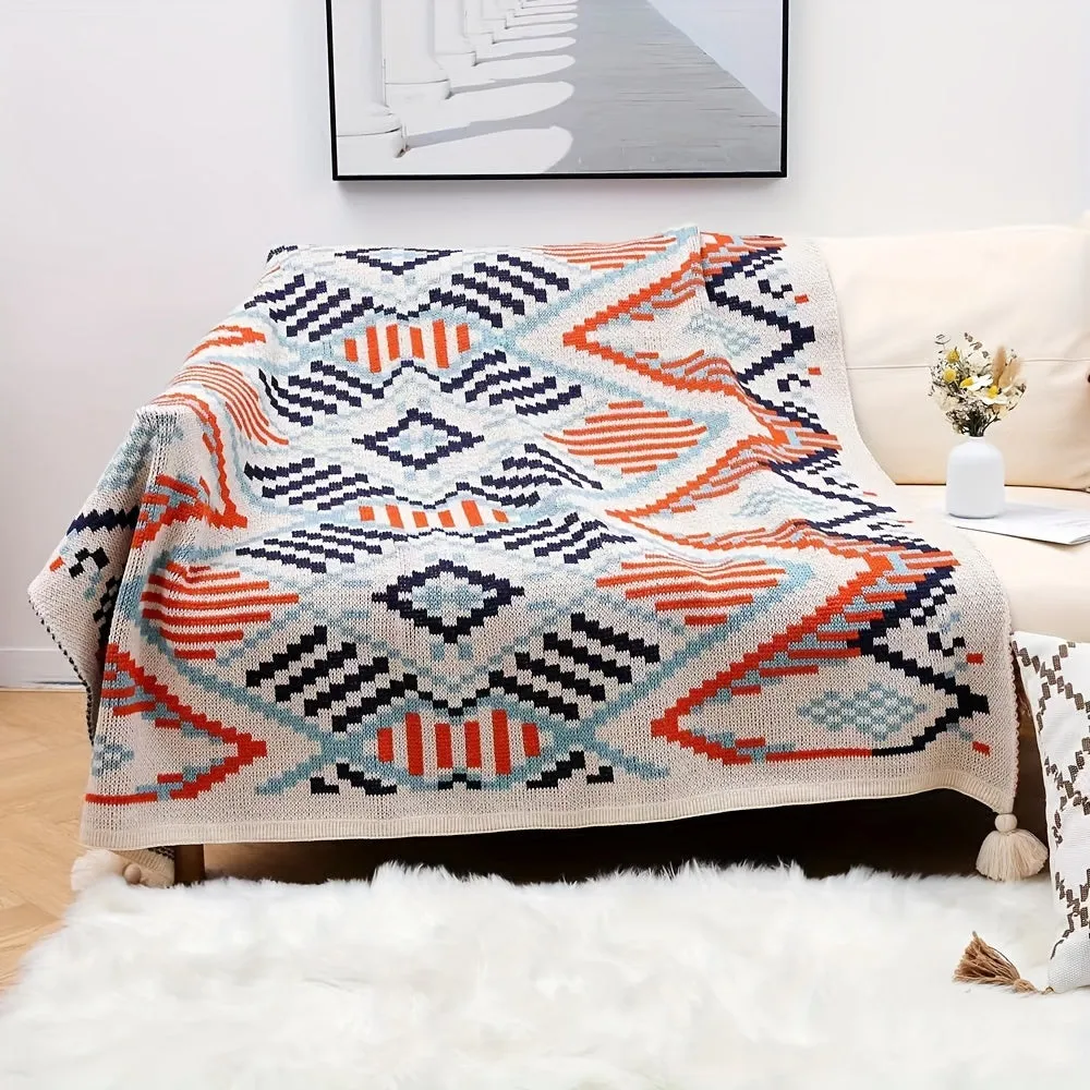 1pc Geometric Pattern With Tassel Bohemian Blanket, Nap Blanket, Sofa Throw Blanket, Air Conditioning Blanket Ramadan