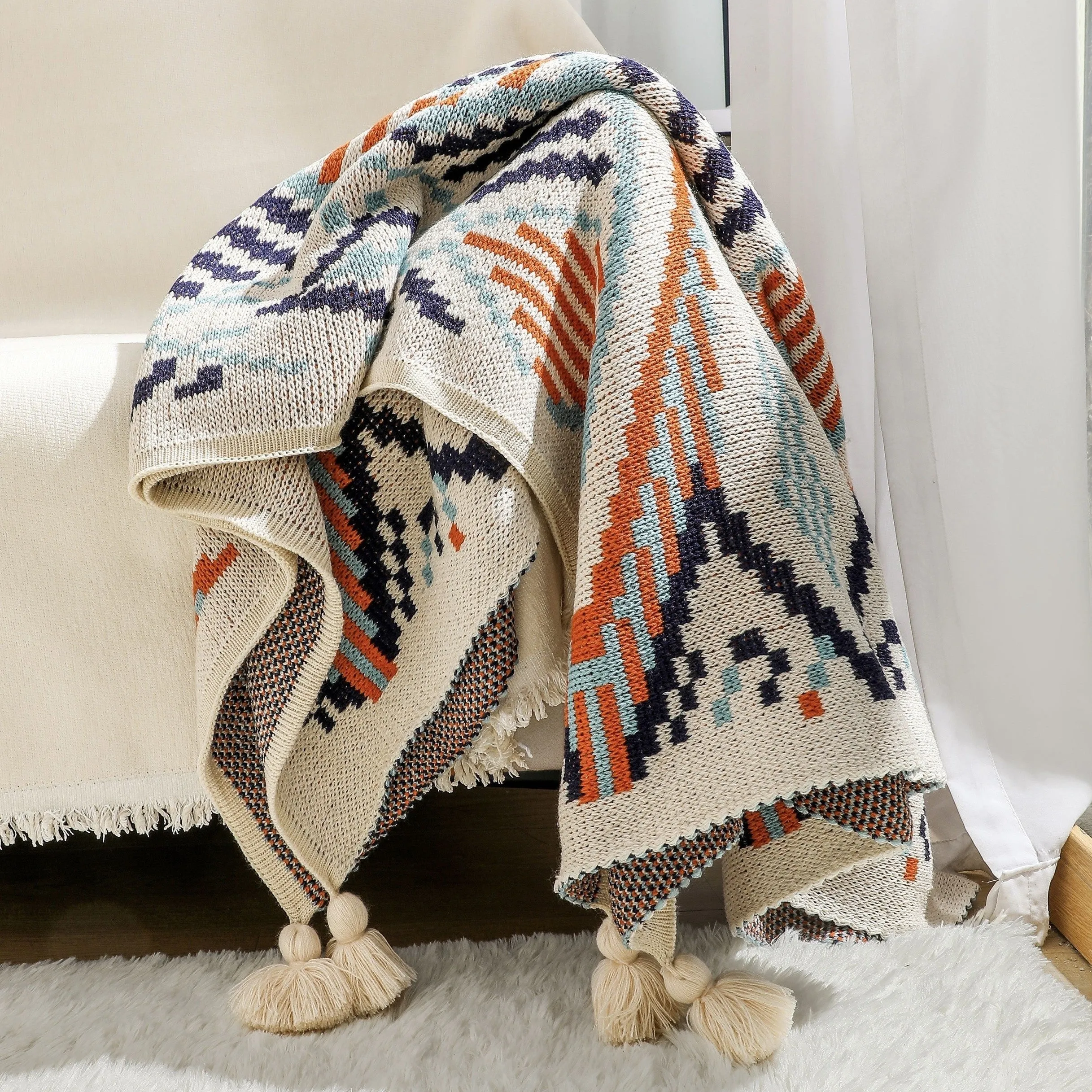 1pc Geometric Pattern With Tassel Bohemian Blanket, Nap Blanket, Sofa Throw Blanket, Air Conditioning Blanket Ramadan