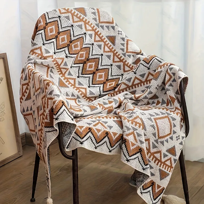 1pc Geometric Pattern With Tassel Bohemian Blanket, Nap Blanket, Sofa Throw Blanket, Air Conditioning Blanket Ramadan