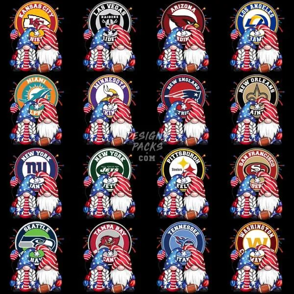 32 Patriot 4th of July Football Teams Designs Bundle PNG