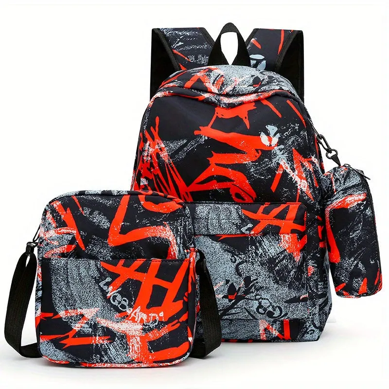 3Pcs Trendy Geometric Pattern Nylon Backpack Set - Adjustable Straps, Water-Resistant, Polyester Lining, Zipper Closure - Perfect for School, Travel, and Daily Use