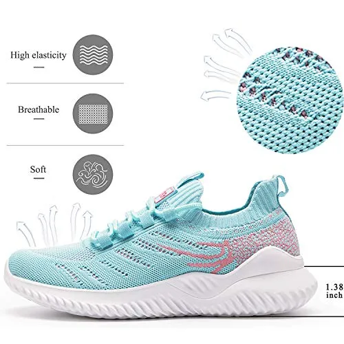 Akk Womens Athletic Walking Shoes - Memory Foam Lightweight Tennis Sports Shoes Gym Jogging Slip On Running Sneakers Blue-Pink Size 9.5