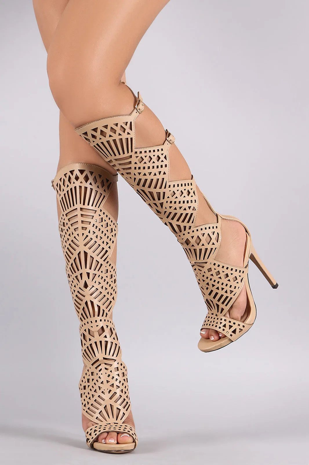 Buckled Geometric Cutout Open Toe Stiletto Heel