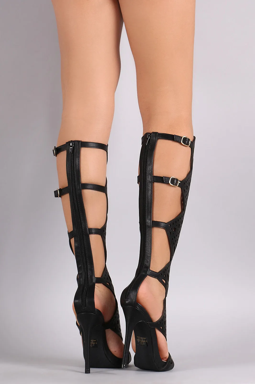 Buckled Geometric Cutout Open Toe Stiletto Heel