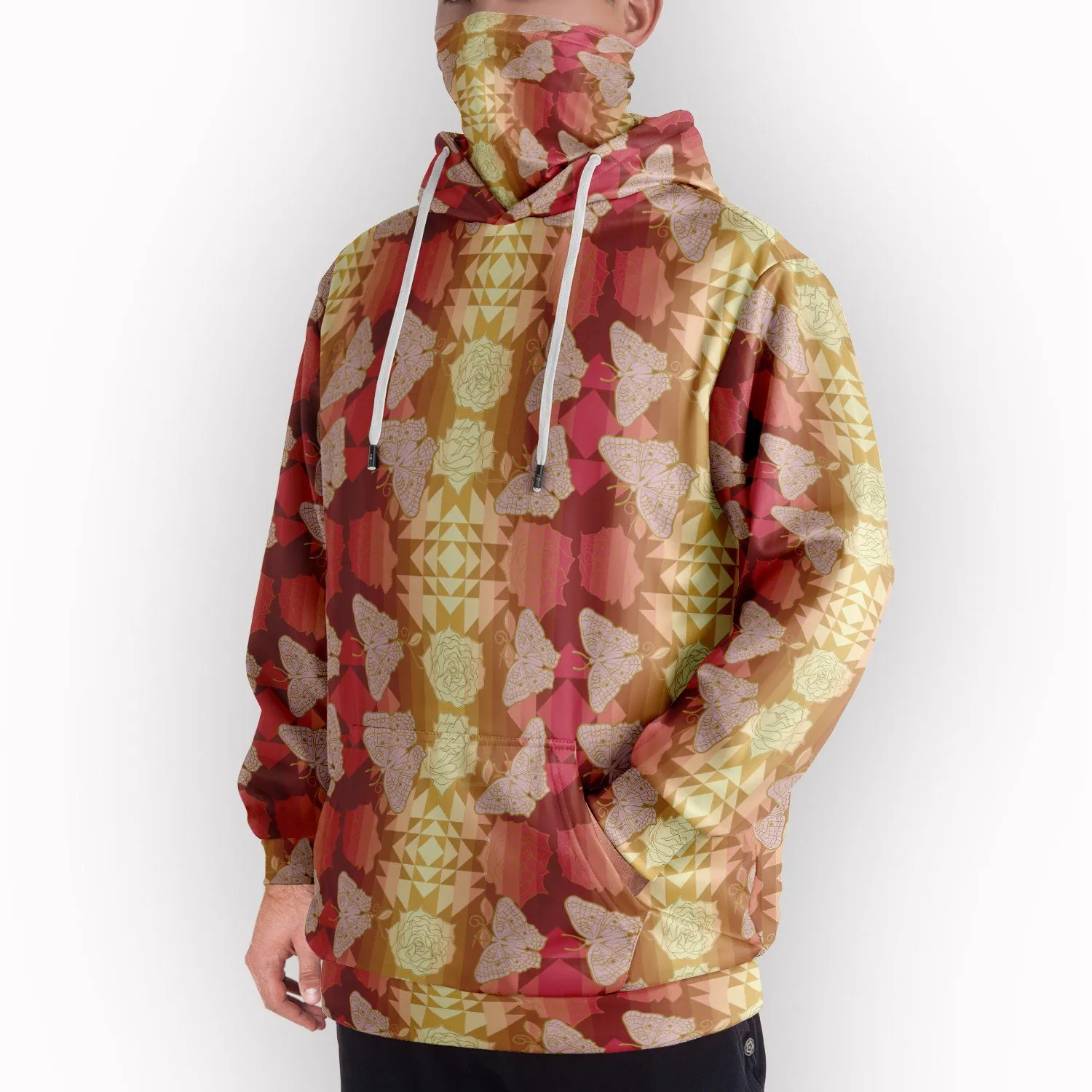 Butterfly and Roses on Geometric Hoodie with Face Cover