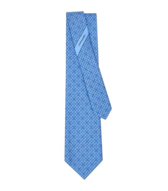 Check Gancini Print Silk Tie Light Blue