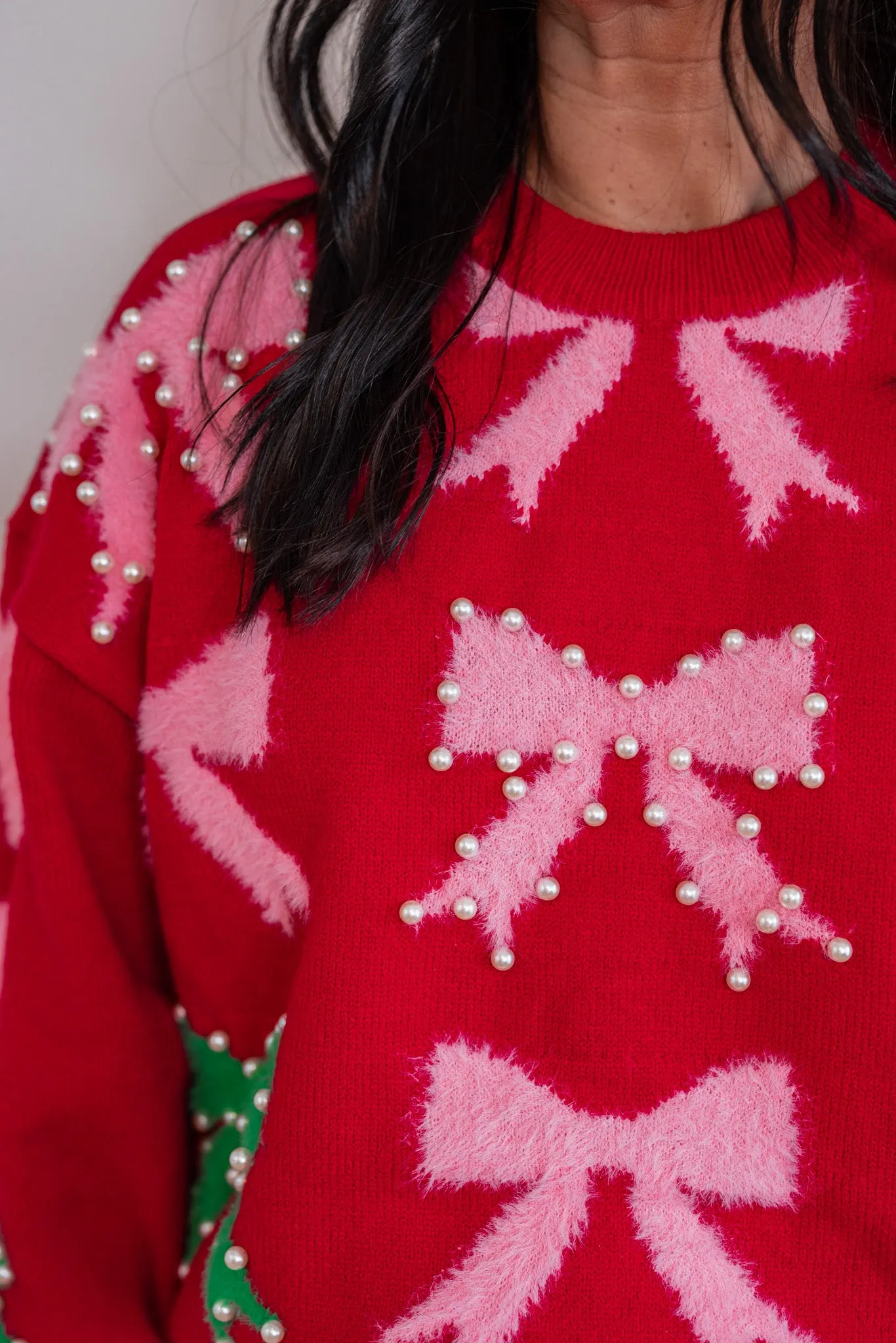 Christmas Bows Red Mohair Sweater