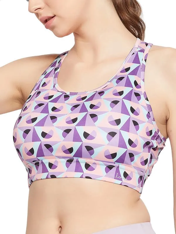 Clovia Women's Medium Impact Padded Geometric Print Racerback Active Sports Bra with Removable Cups (BRS046A12_Purple_XXL)