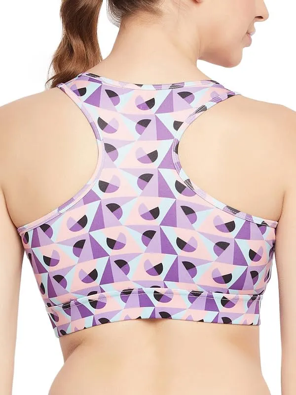 Clovia Women's Medium Impact Padded Geometric Print Racerback Active Sports Bra with Removable Cups (BRS046A12_Purple_XXL)