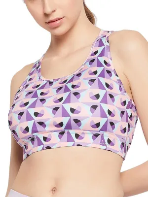 Clovia Women's Medium Impact Padded Geometric Print Racerback Active Sports Bra with Removable Cups (BRS046A12_Purple_XXL)