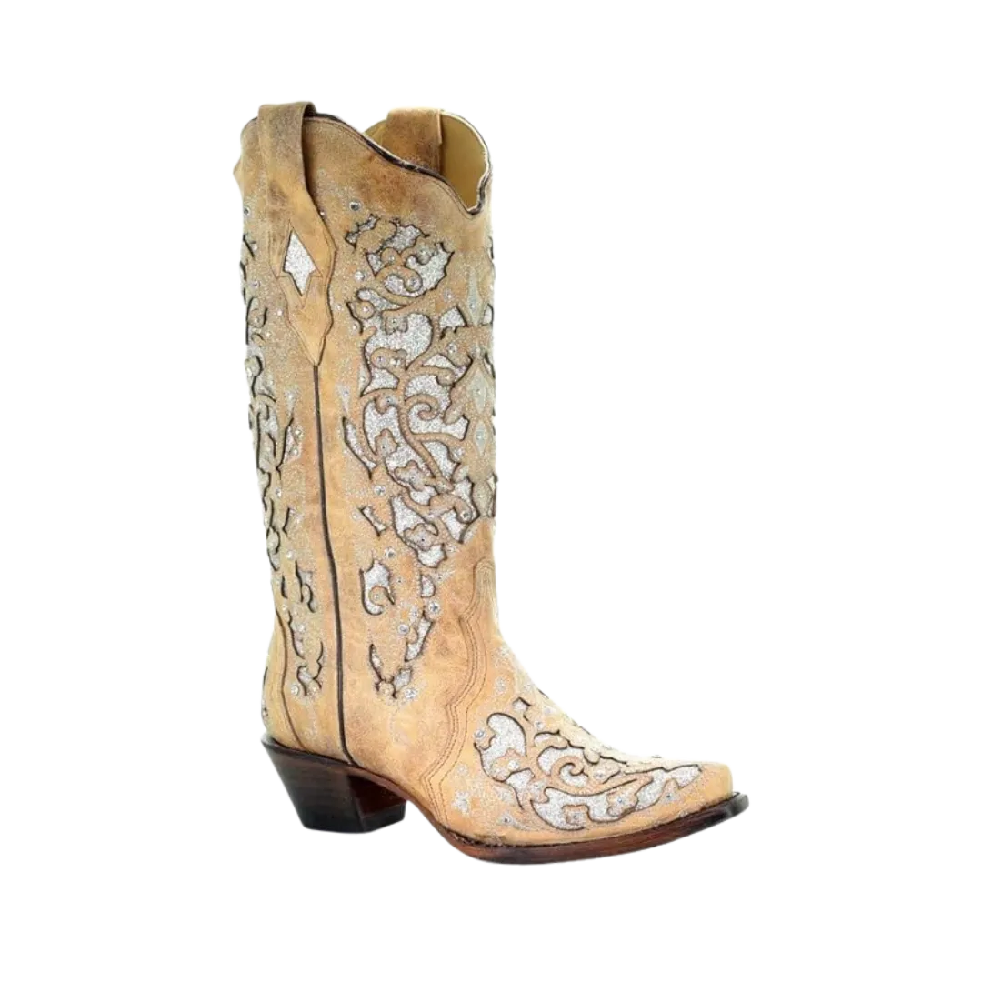 Corral Women's Glitter Inlay Embroidery Studs and Crystals Beige Boots