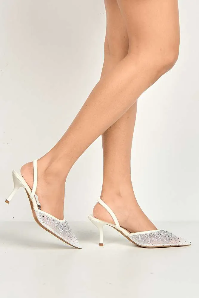 Cynthia Gemstone Embellished Mesh Slingback Court Shoes in White