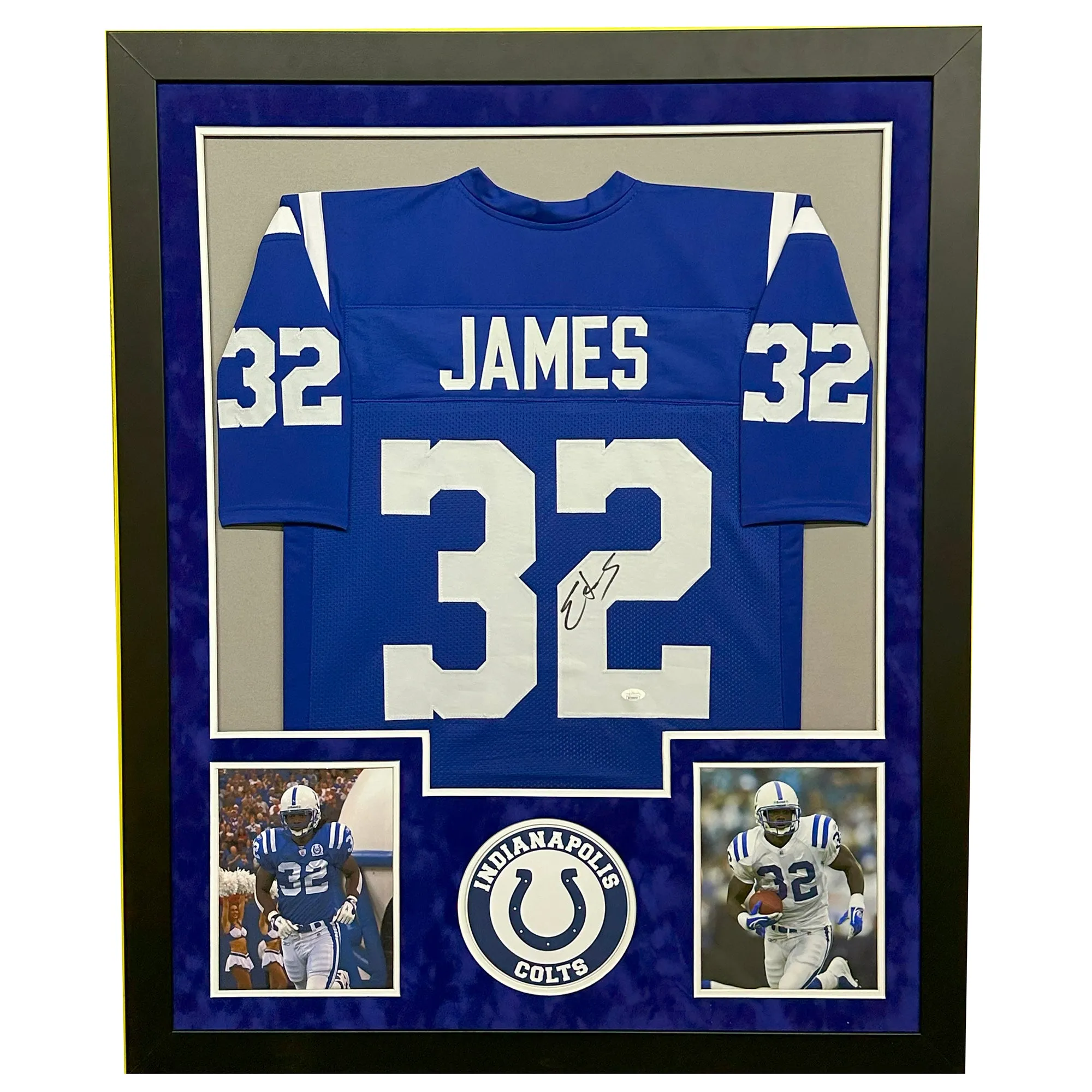 Edgerrin James Signed Indianapolis Blue Custom Double-Suede Framed football Jersey (JSA)