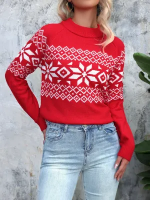 Elegant Geometric Pattern Crew Neck Sweater - Soft, Stretchy, Long Sleeve Knit Top with Raglan Design for Fall and Winter - Perfect for Christmas Parties and Casual Occasions