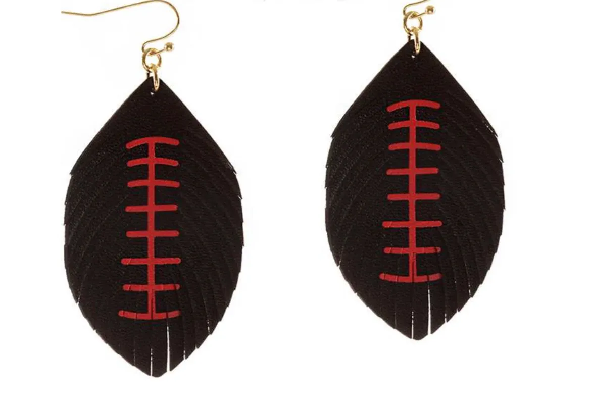 Feathered Football Leather Sport Earrings Red and Black