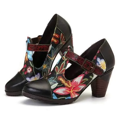 Folkways Flowers T-Strap Pumps