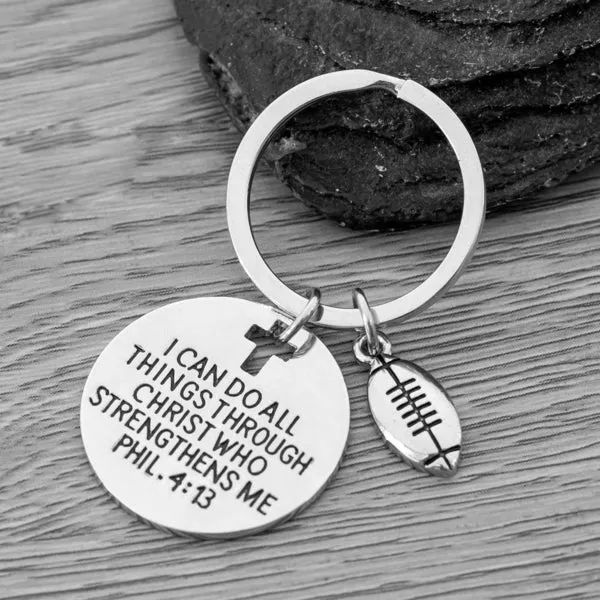 Football Charm Keychain, Christian Faith Charm Keychain, I Can Do All Things Through Christ Who Strengthens Me