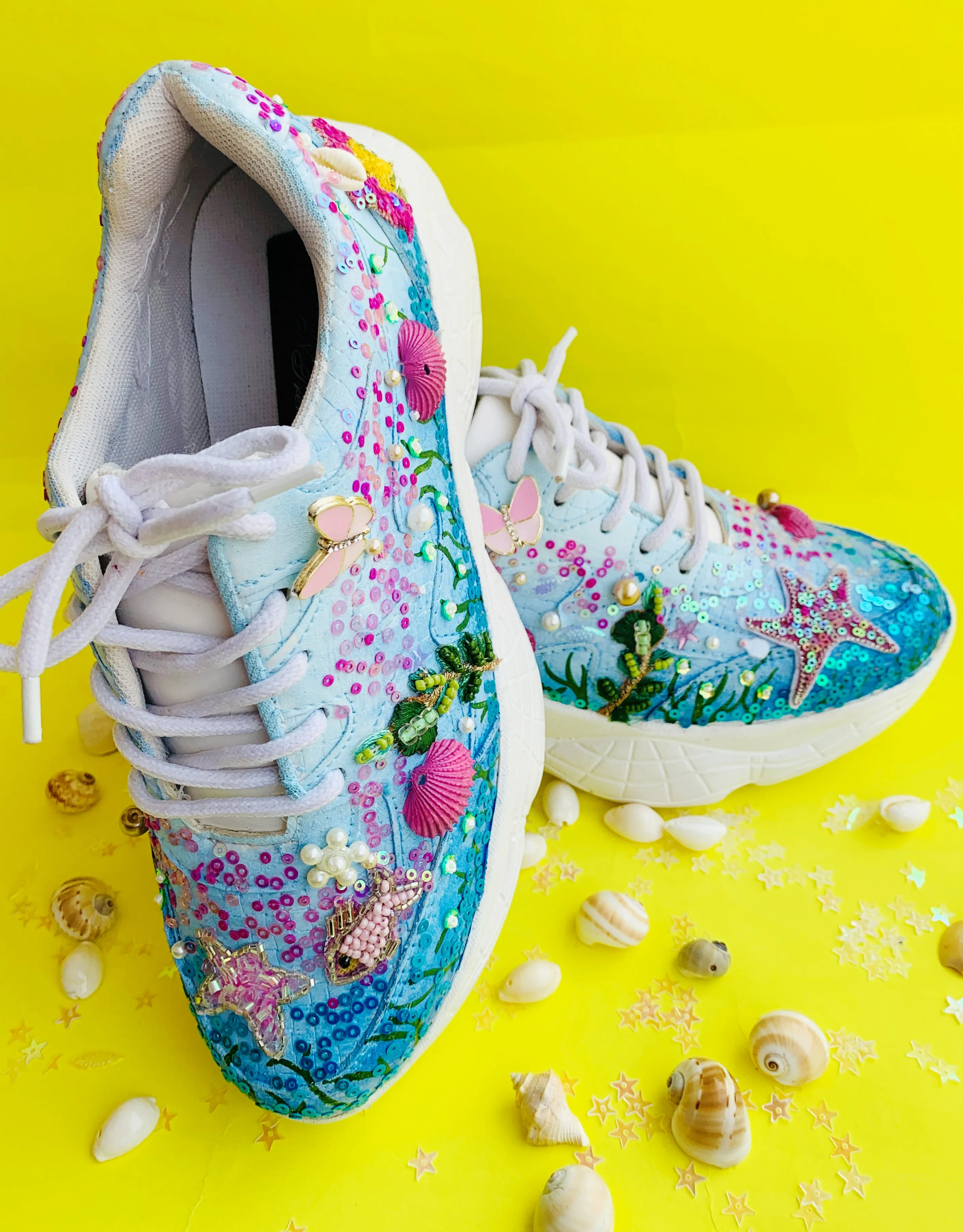 FUNKY N TRENDY Aqua theme intricate hand work sneakers for brides / bridesmaids / ocean theme sneakers / shells pearls etc