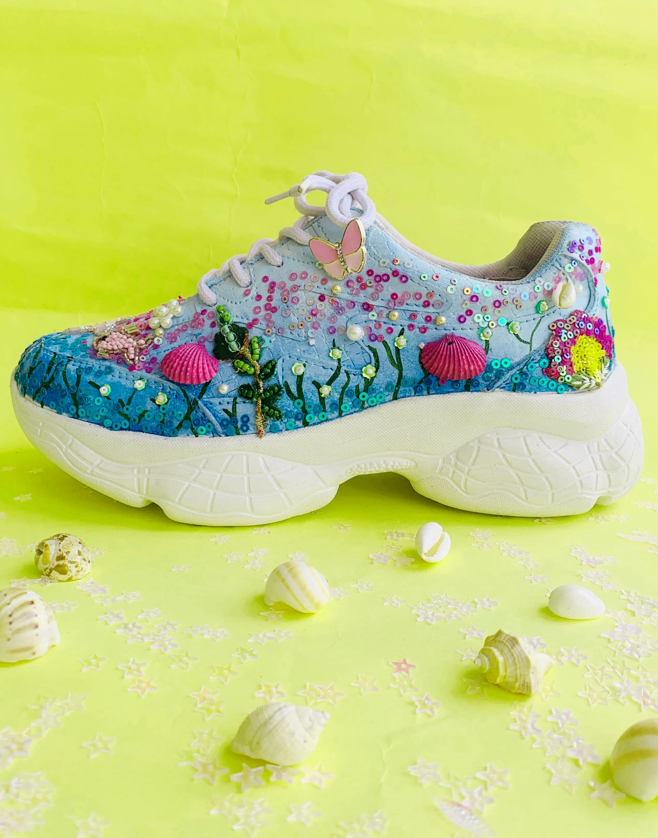 FUNKY N TRENDY Aqua theme intricate hand work sneakers for brides / bridesmaids / ocean theme sneakers / shells pearls etc