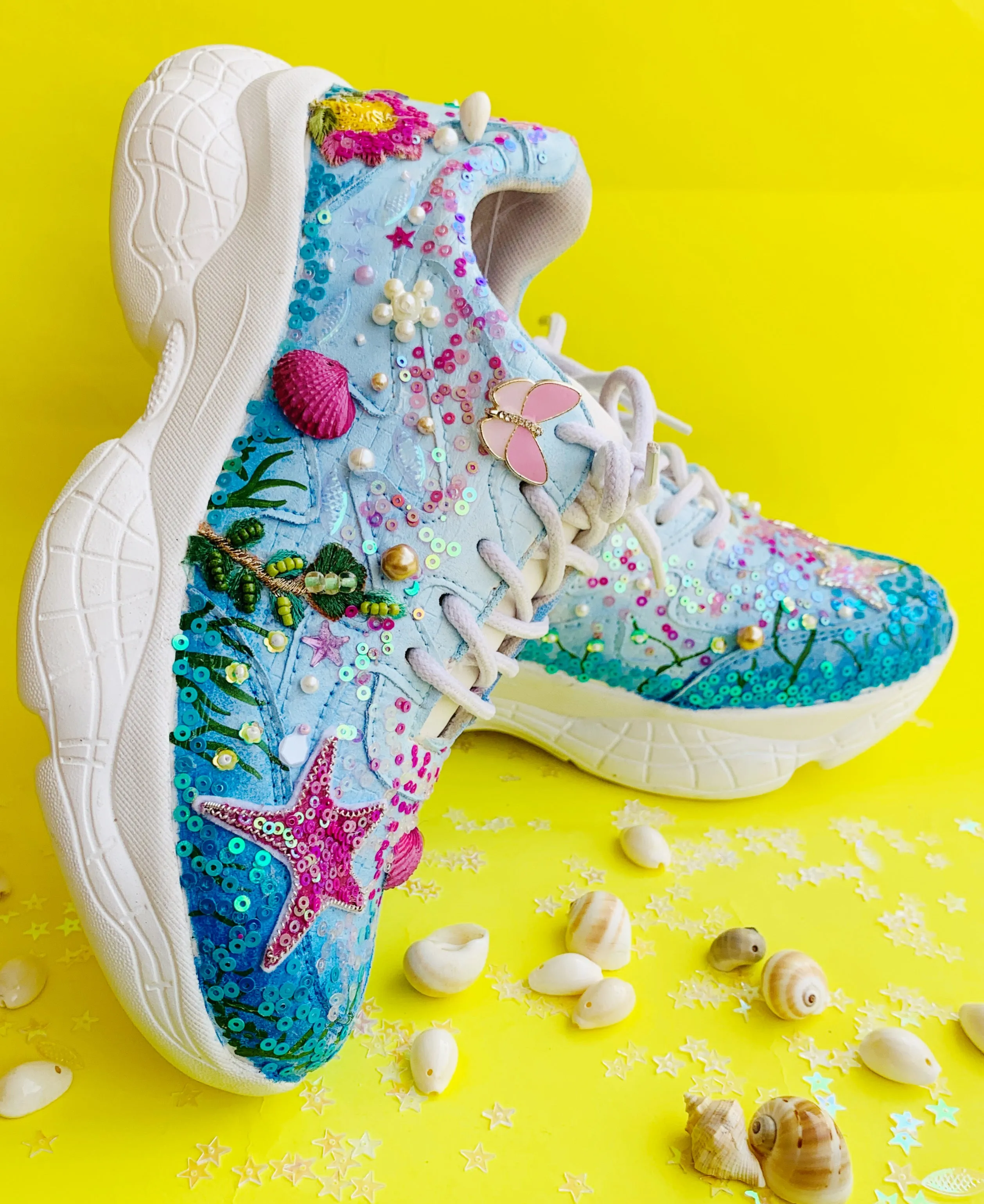 FUNKY N TRENDY Aqua theme intricate hand work sneakers for brides / bridesmaids / ocean theme sneakers / shells pearls etc