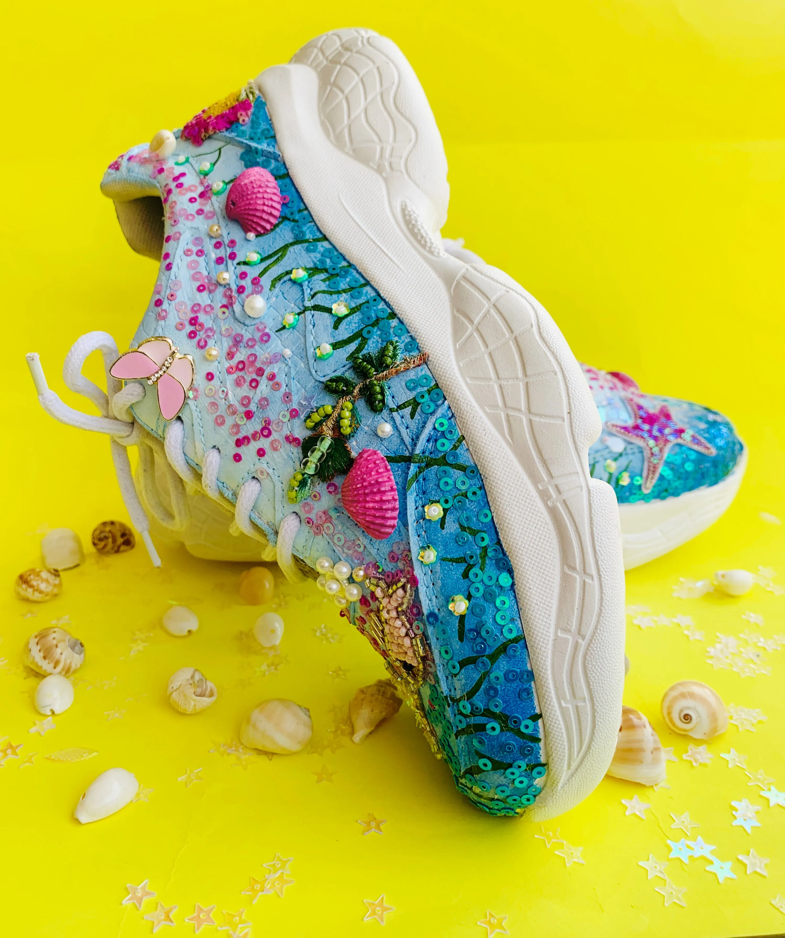 FUNKY N TRENDY Aqua theme intricate hand work sneakers for brides / bridesmaids / ocean theme sneakers / shells pearls etc