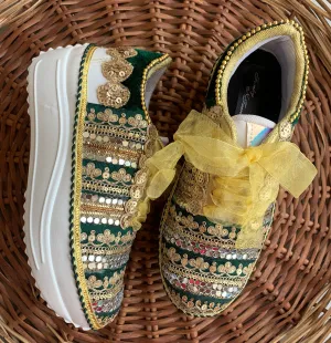 FUNKY N TRENDY green sneakers for brides /gold and green embroidered sneakers/ handcrafted sneakers/ golden sneakers / bridal sneakers / bridesmaid sneakers/ golden hand work sneakers/green sneakers