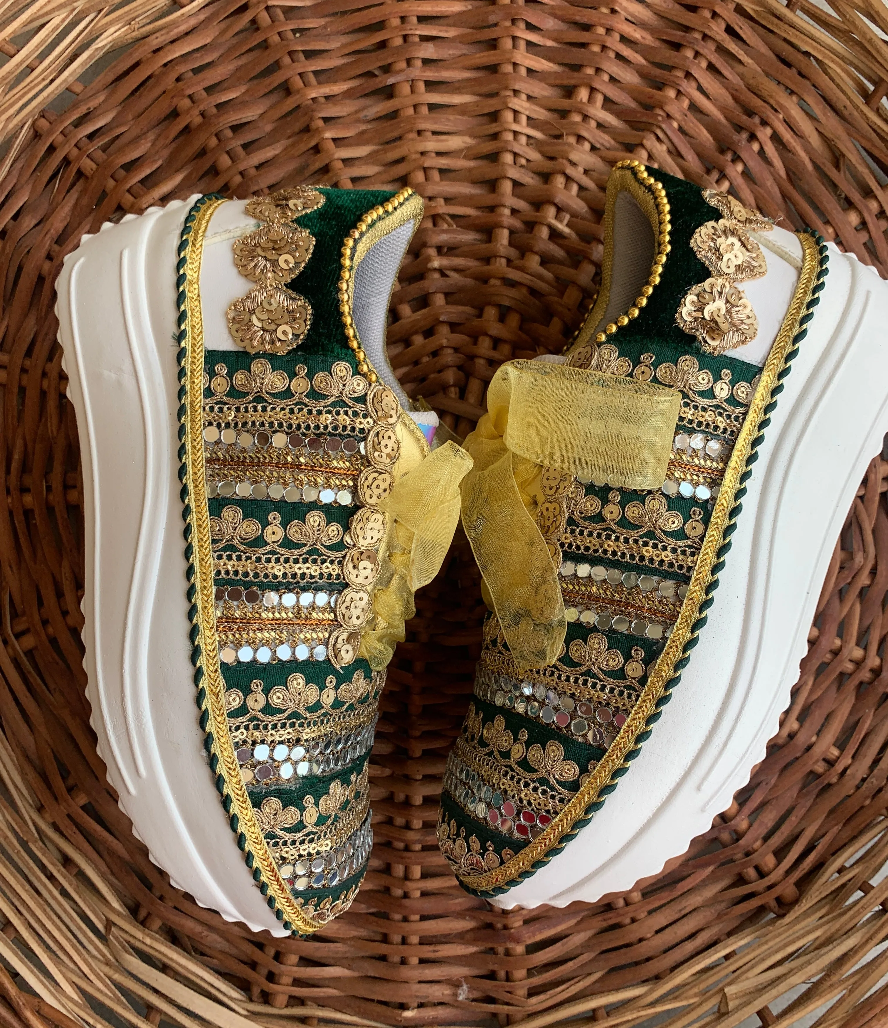 FUNKY N TRENDY green sneakers for brides /gold and green embroidered sneakers/ handcrafted sneakers/ golden sneakers / bridal sneakers / bridesmaid sneakers/ golden hand work sneakers/green sneakers