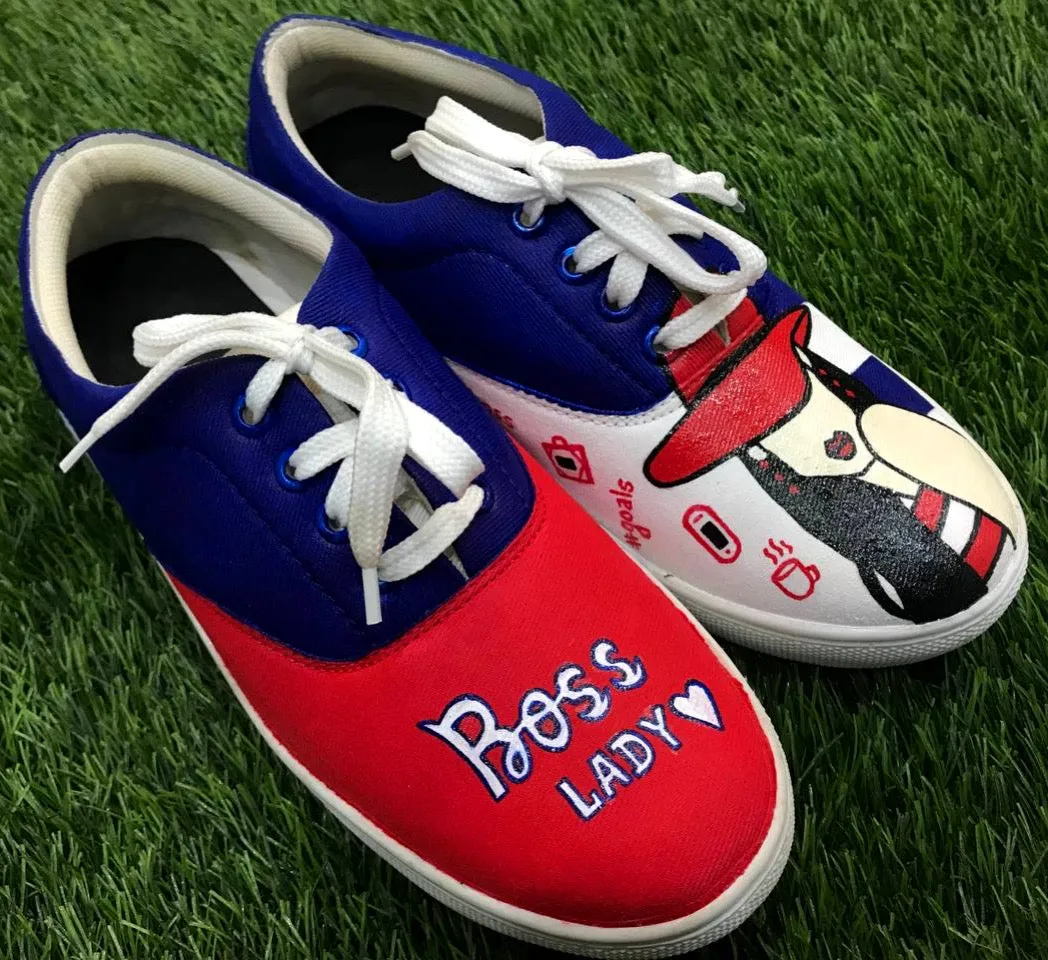 Funky N Trendy hand painted water resistant Boss Lady theme blue shoes/ red shoes / funky shoes