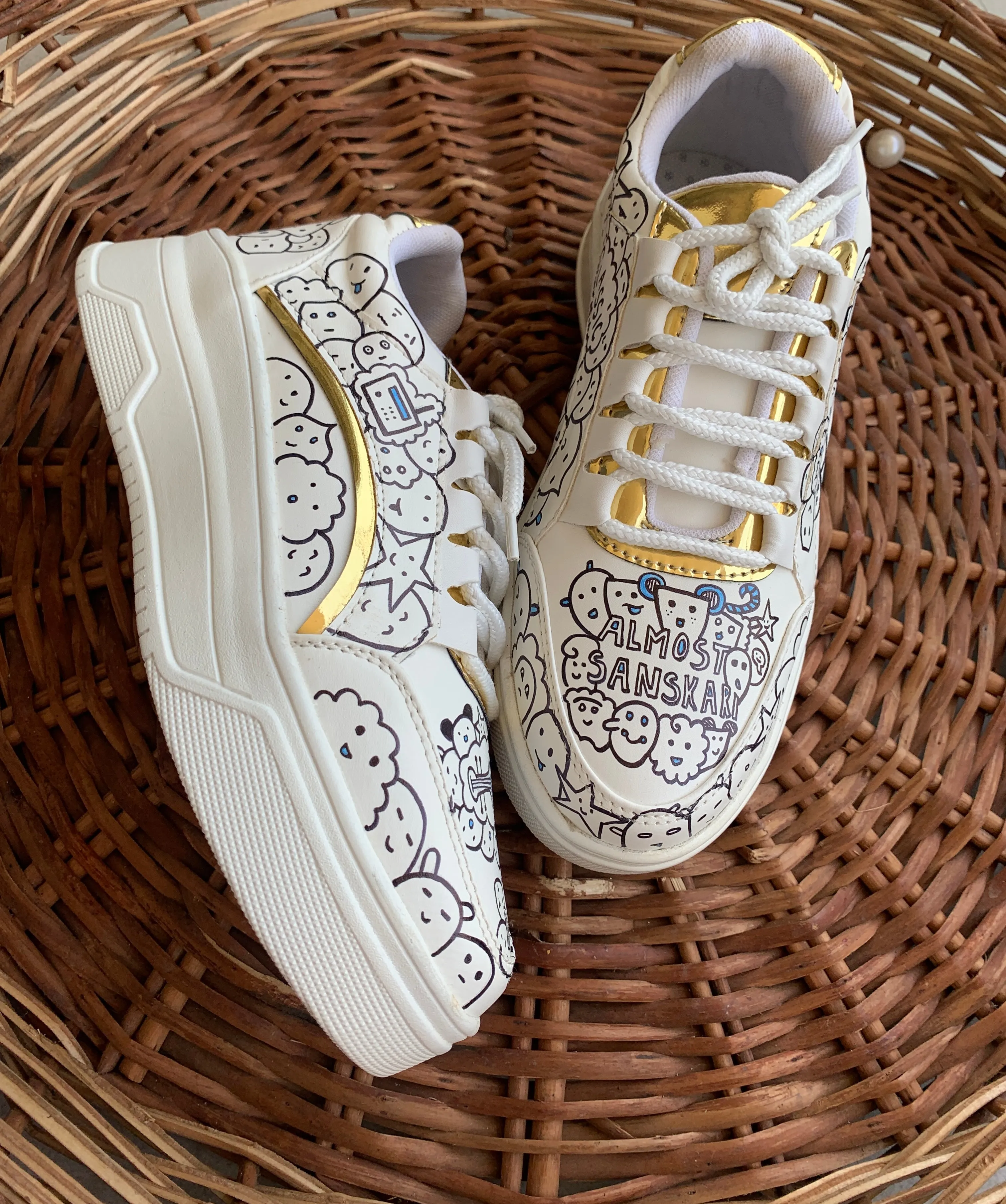 Funky N Trendy hand painted water resistant Doodle theme white sneakers / white shoes / doodle shoes