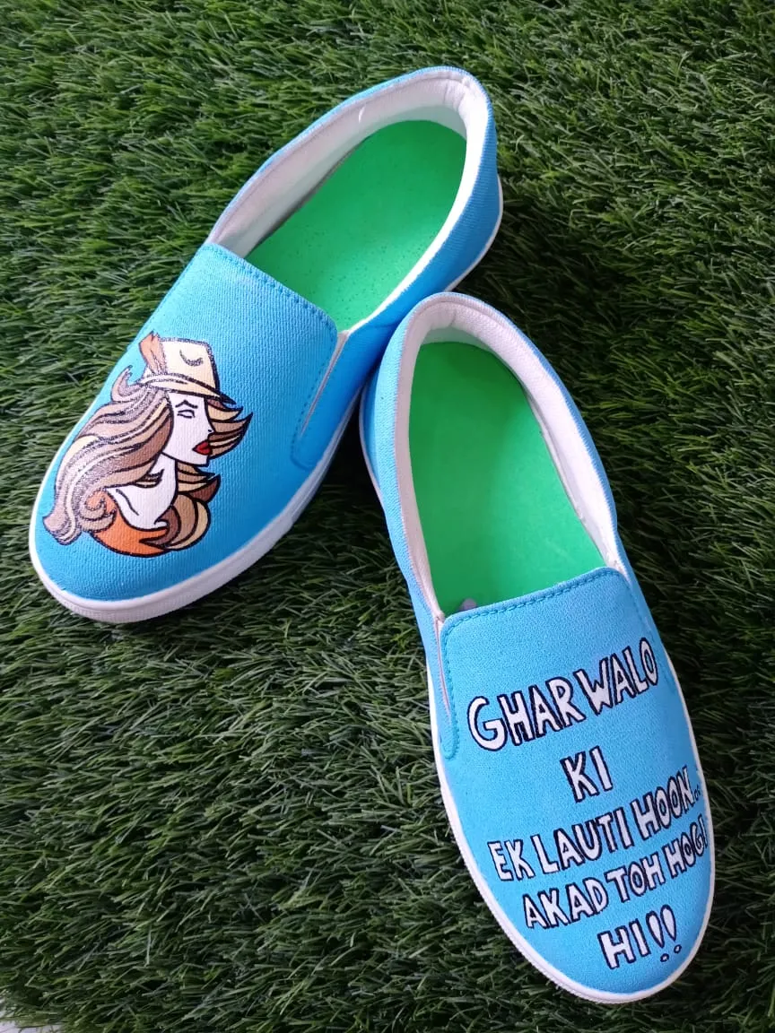 Funky N Trendy hand painted water resistant Quirky quote blue shoes/ handpainted shoes/ women shoes / funky shoes