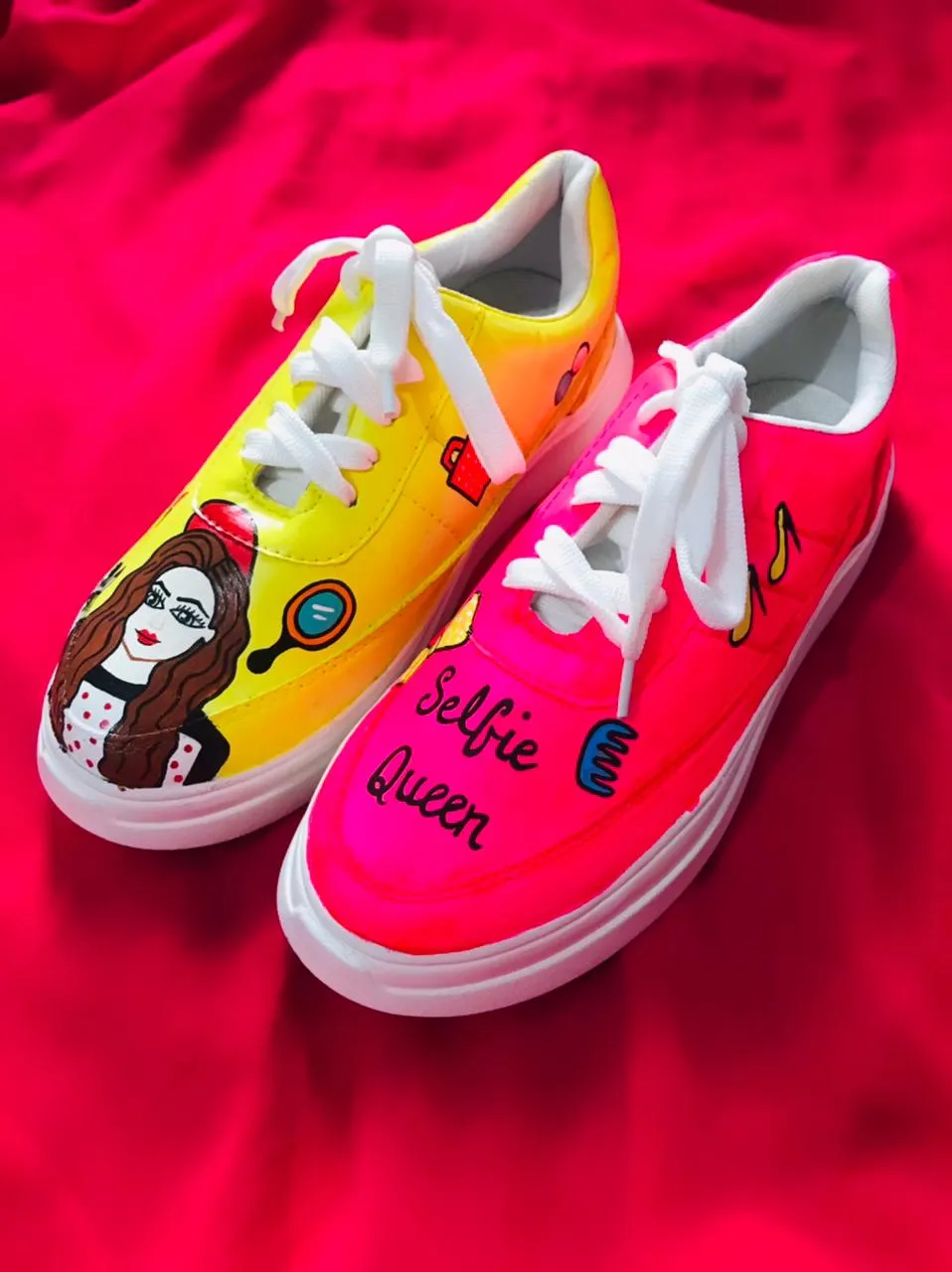 Funky N Trendy hand painted water resistant selfie queen theme pink and yellow dual tone sneakers