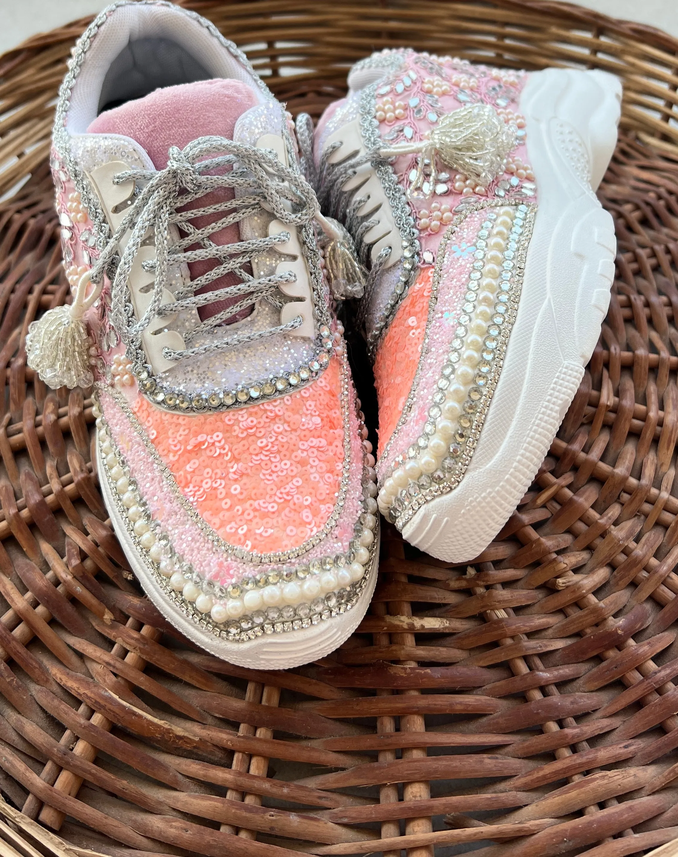 FUNKY N TRENDY peach/pink / pink embroidery sneakers with pearls detailing for brides / bridesmaid sneakers/ pink shoes / peach shoes/ bridal sneakers