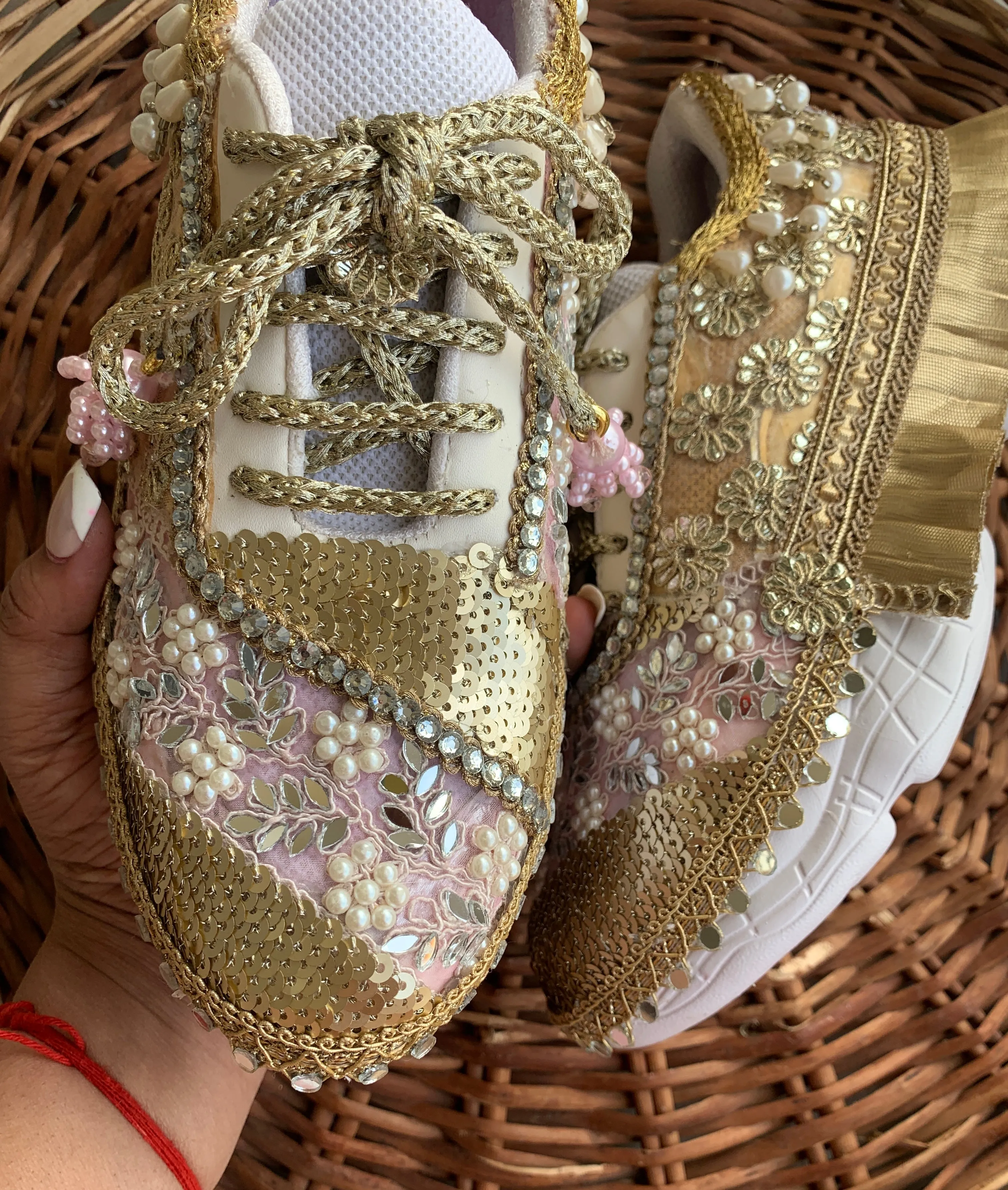 FUNKY N TRENDY pink and gold gottapatti sneakers with pearl & mirror detailing for brides /bridesmaids / sneakers for bridesmaids/ handcrafted sneakers/ sequine sneakers / bridal sneakers / bridesmaid sneakers/ pink sneakers