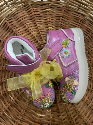 Funky N Trendy purple pink embroidery sneakers/kids sneakers/ embroidery shoes / kids shoes/ purple sneakers / purple shoes for kids/handmade sneakers for kids