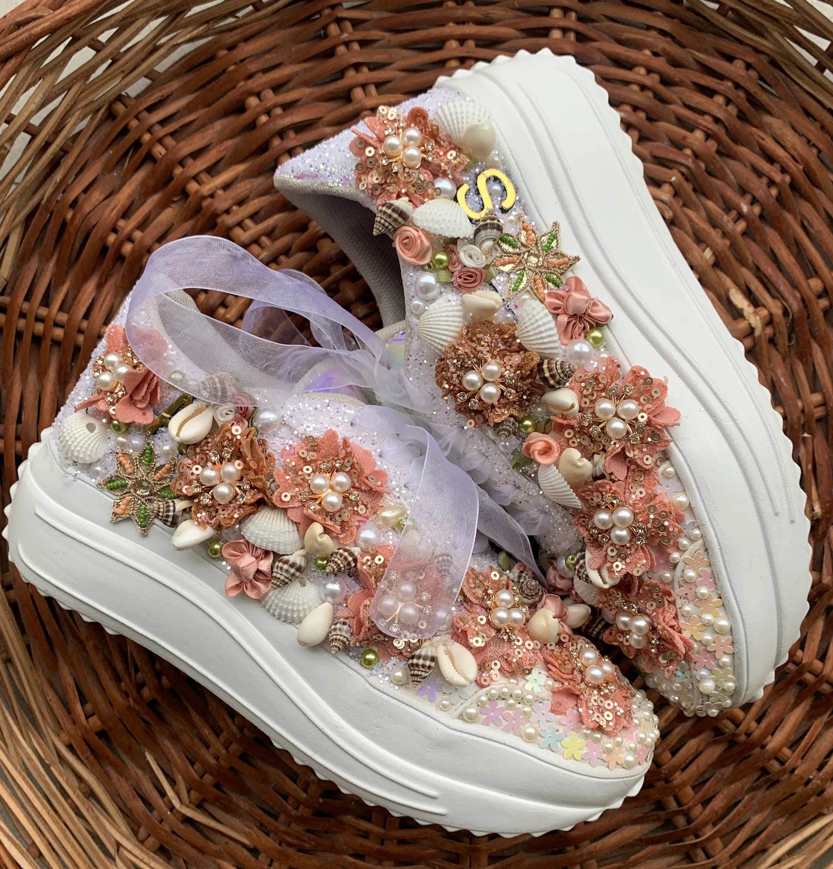 FUNKY N TRENDY tan peach floral theme sneakers with shells pearls detailing for brides / bridesmaids with custom couple name initials/ rose gold sneakers