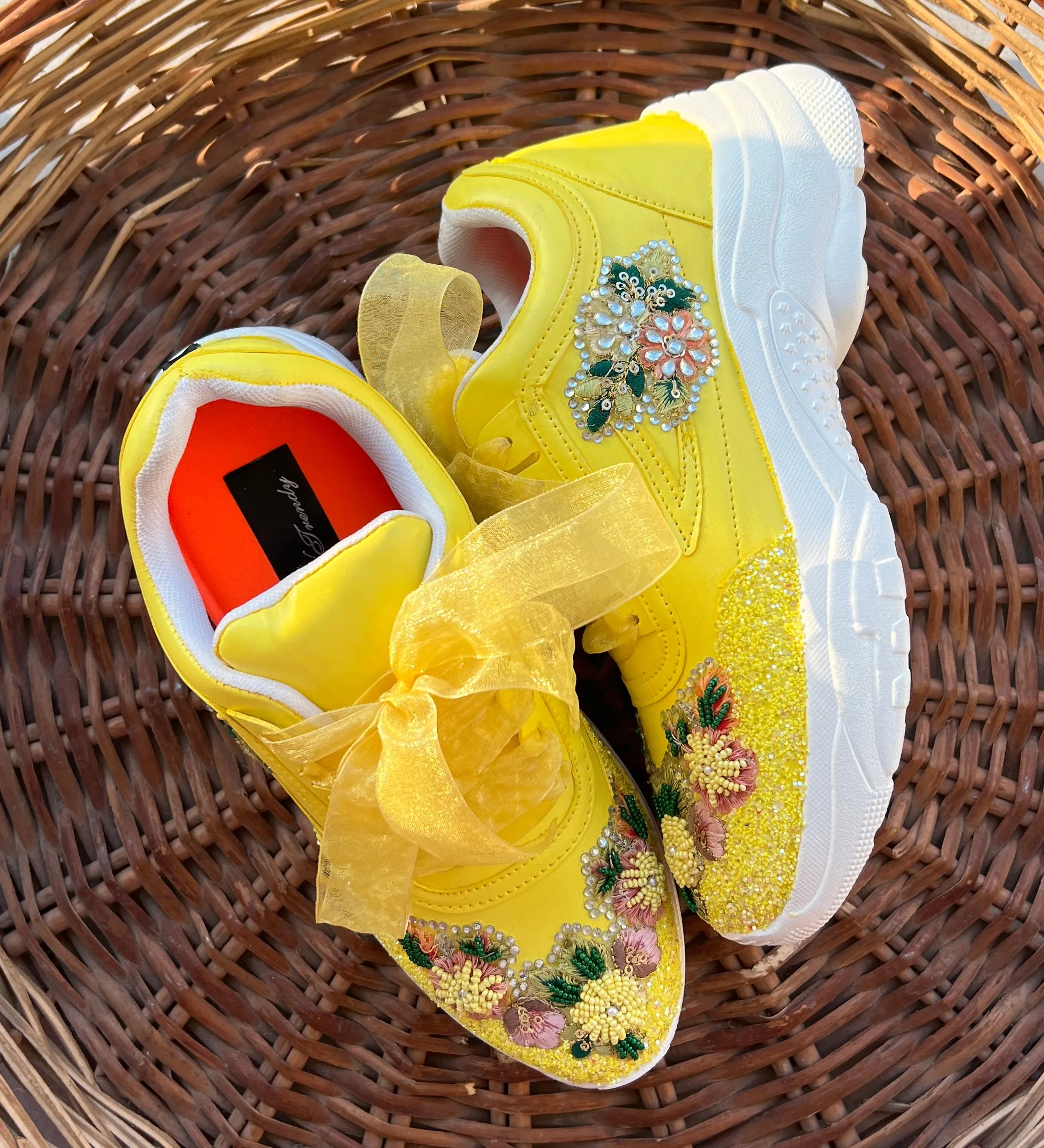 FUNKY N TRENDY yellow embroidery sneakers for brides /yellow embroidered sneakers/ handcrafted sneakers/ floral sneakers / bridal sneakers / bridesmaid sneakers/ yellow hand work sneakers/haldi sneakers