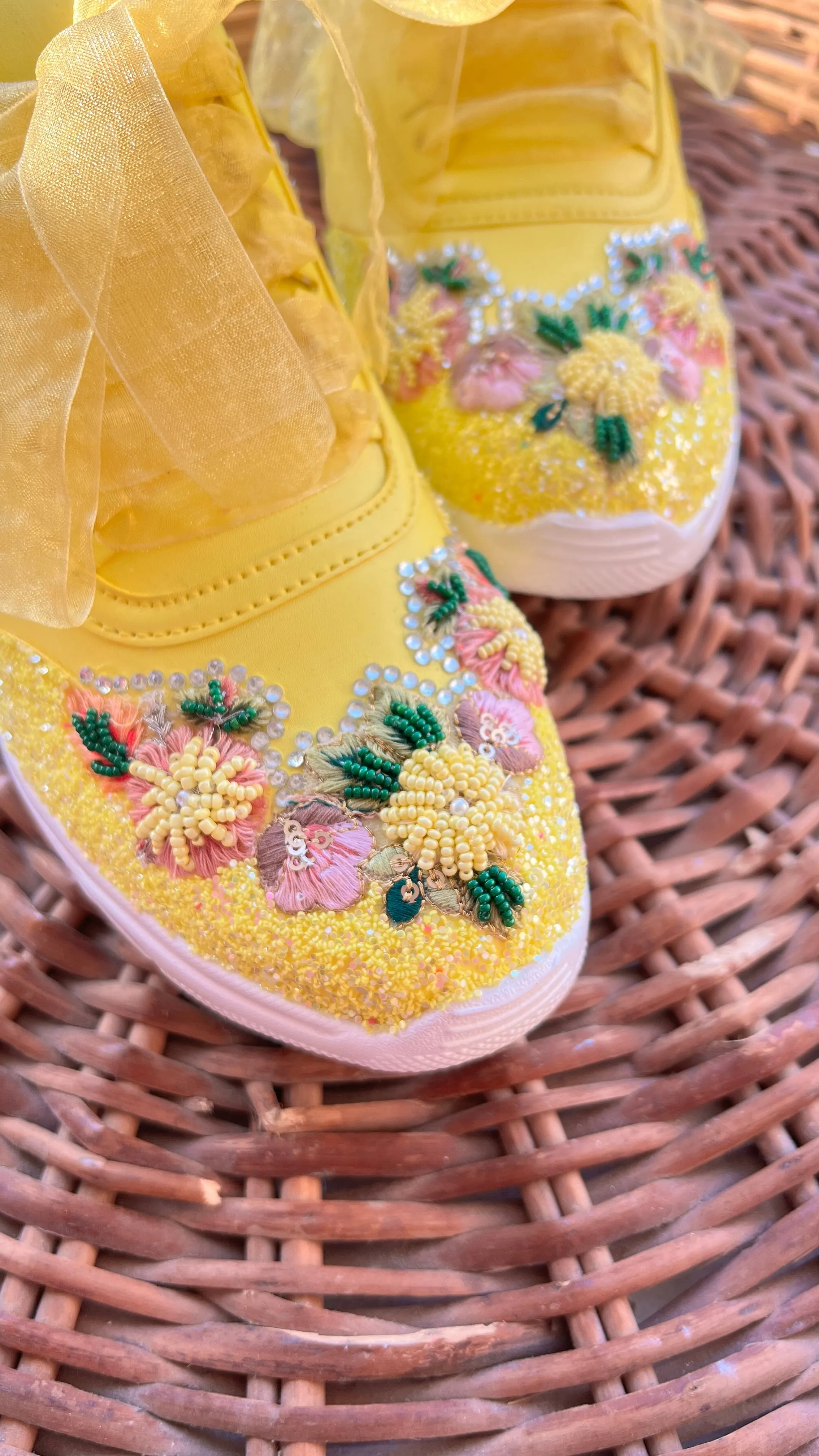 FUNKY N TRENDY yellow embroidery sneakers for brides /yellow embroidered sneakers/ handcrafted sneakers/ floral sneakers / bridal sneakers / bridesmaid sneakers/ yellow hand work sneakers/haldi sneakers