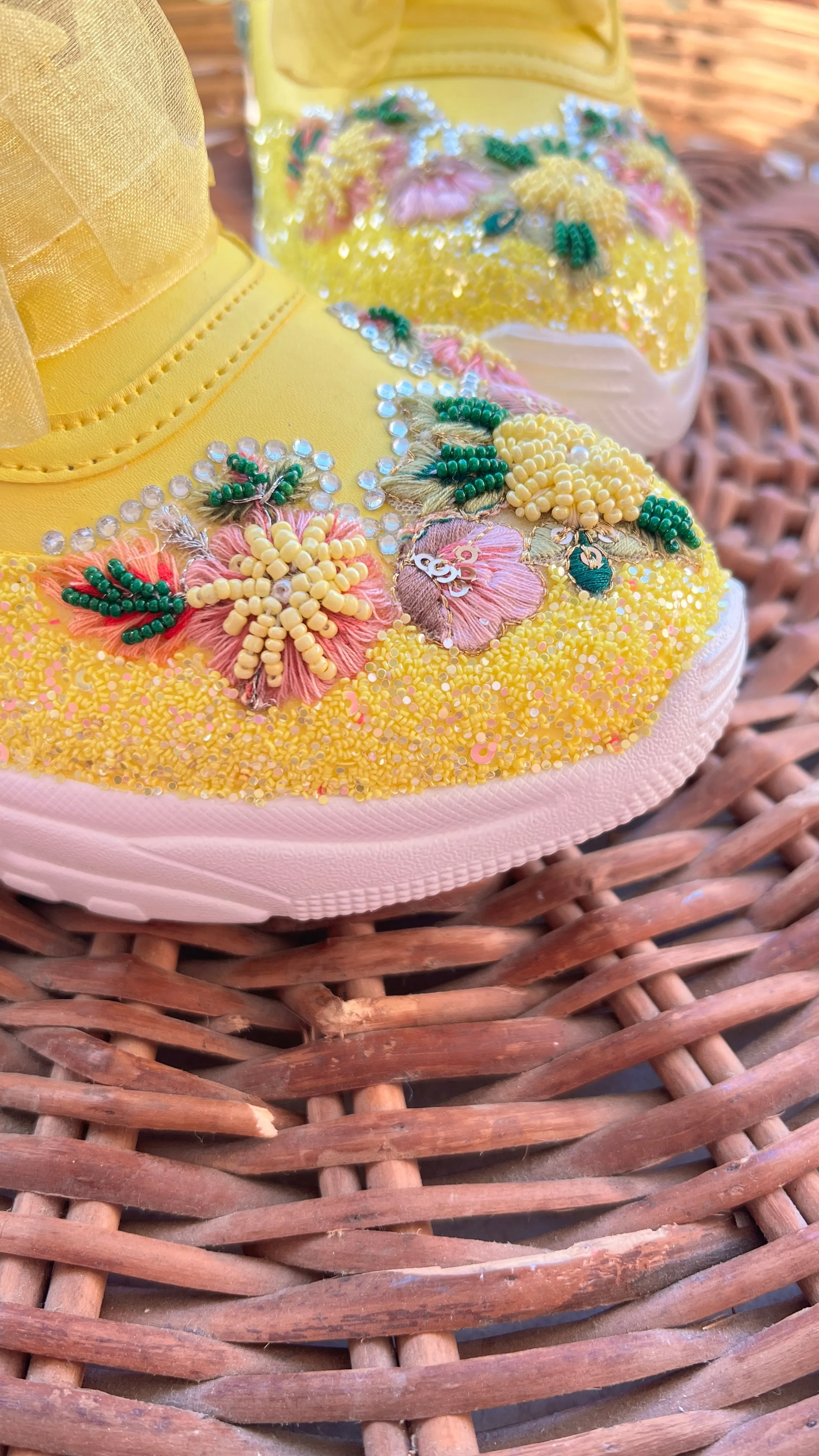 FUNKY N TRENDY yellow embroidery sneakers for brides /yellow embroidered sneakers/ handcrafted sneakers/ floral sneakers / bridal sneakers / bridesmaid sneakers/ yellow hand work sneakers/haldi sneakers