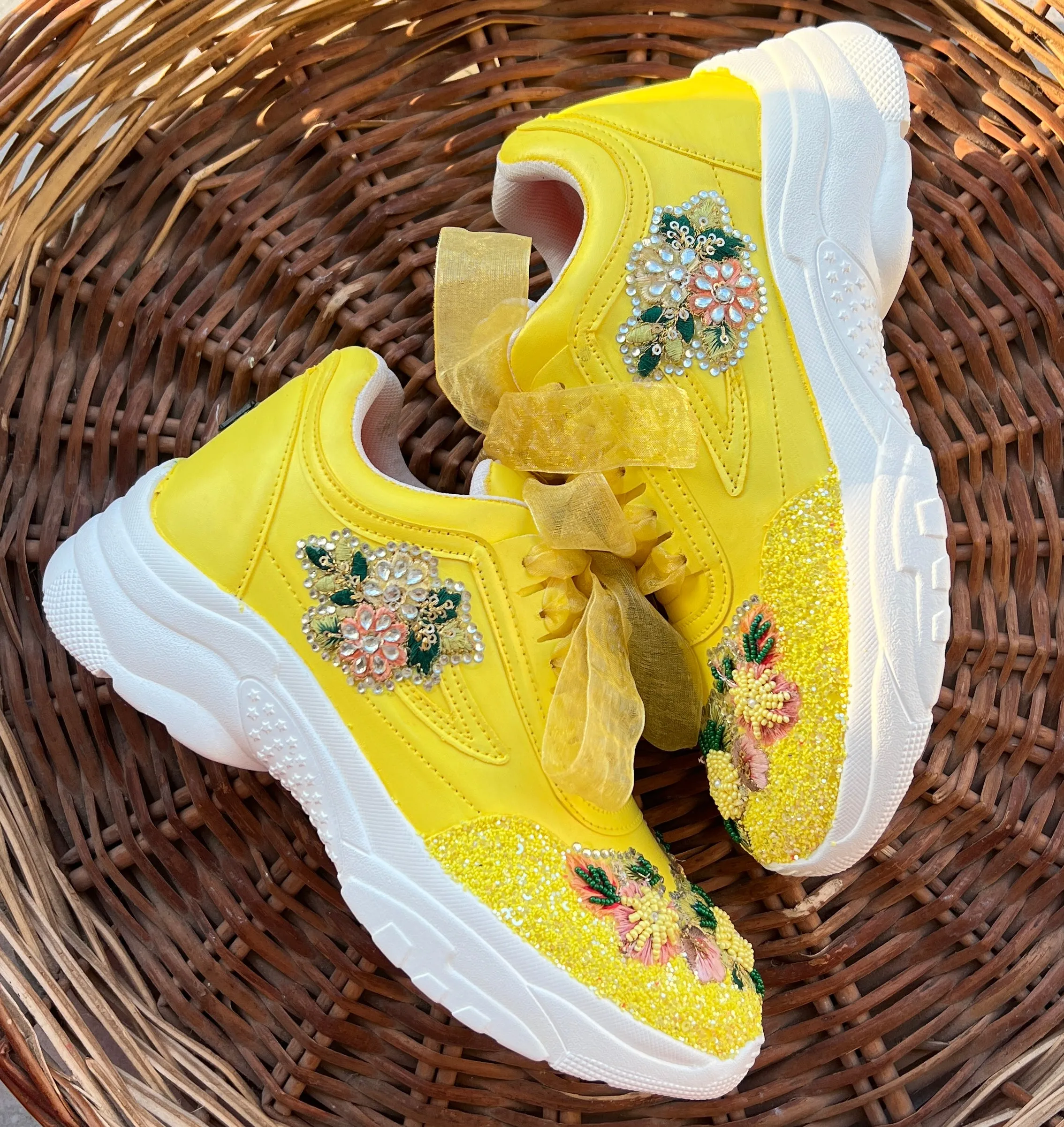 FUNKY N TRENDY yellow embroidery sneakers for brides /yellow embroidered sneakers/ handcrafted sneakers/ floral sneakers / bridal sneakers / bridesmaid sneakers/ yellow hand work sneakers/haldi sneakers