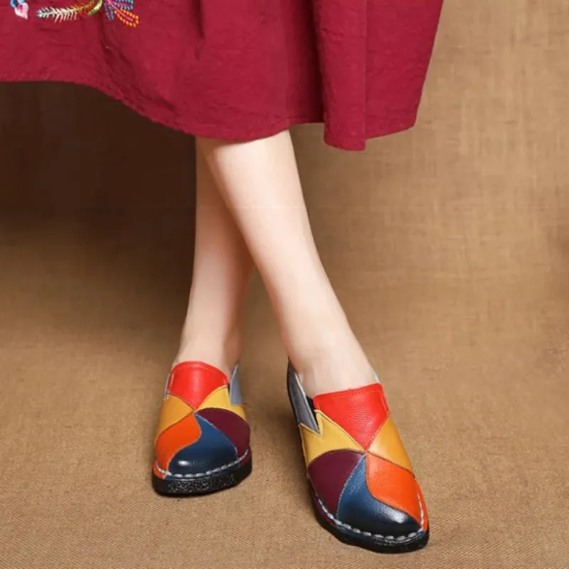 Genuine Leather Multi-color Patches Stitching Moccasin Flat Shoes