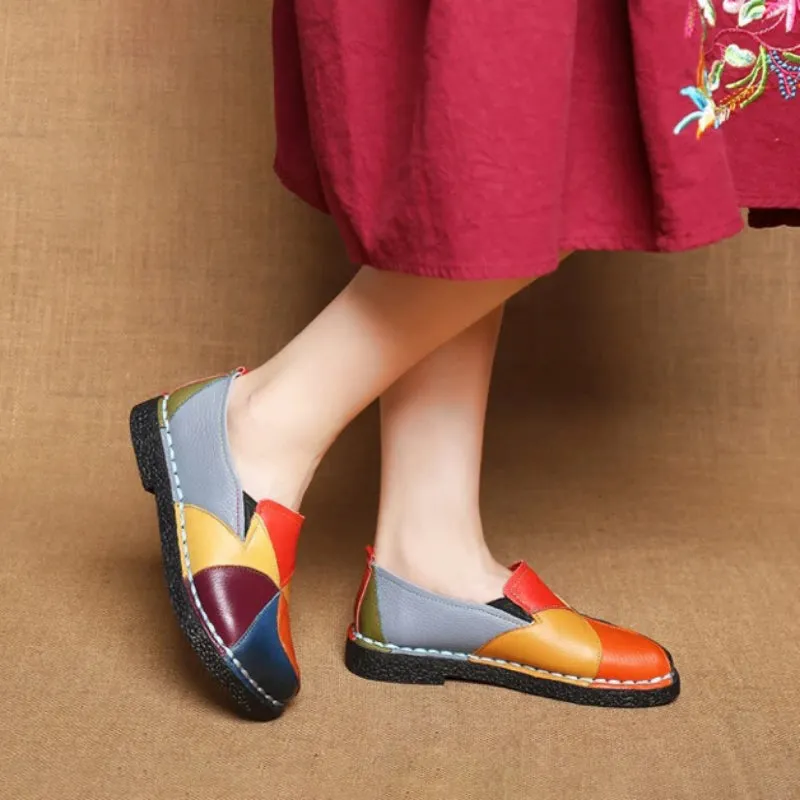 Genuine Leather Multi-color Patches Stitching Moccasin Flat Shoes